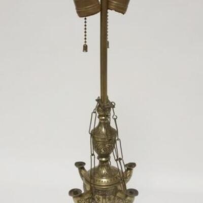 1145	ENGRAVED BRASS FAT LAMP, ELECTRIFIED, CORD CUT, 22 1/2 IN HIGH
