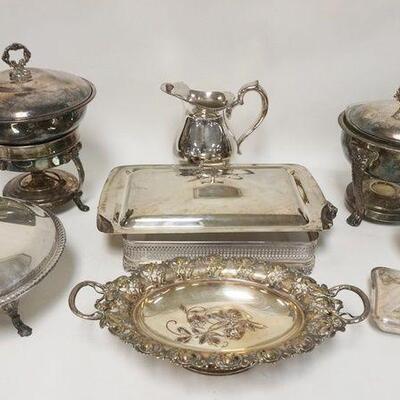 1134	LOT OF SILVER PLATE W/SERVING DISHES, PITCHER, ORNATE BOWL, ETC
