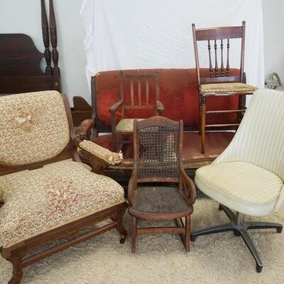 1374	6 PIECE FURNITURE LOT, 2 PIECE VICTORIAN PARLOR SET, SOFA IS 57 IN WIDE, AS FOUND, 2 CHILDS ROCKERS, SPINDEL BACK CHAIR & MODERN...