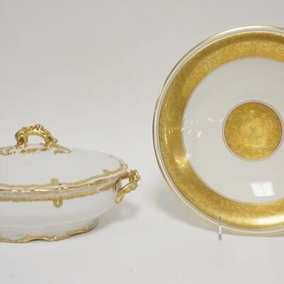 1304	2 PIECE PORCELAIN W/GOLD TRIM, ELITE LIMOGES OVAL COVERED SERVING BOWL, 11 1/2 IN ACROSS THE HANDLES & LINDNER 11 IN PLATE...