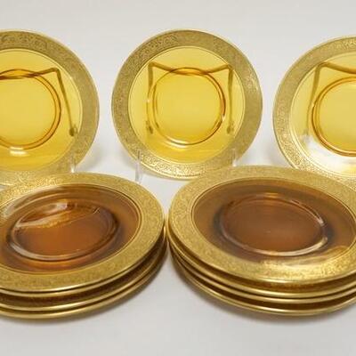 1306	SET OF 12 AMBER W/GOLD GLASS PLATES, POLISHED BASES, GOLD IS A FLOWER & LEAF PATTERN, 5 7/8 IN
