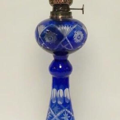 1003	COBALT BLUE CUT TO CLEAR KEROSENE LAMP, CONTEMPORARY, NO CHIMNEY, 23 1/2 IN HIGH
