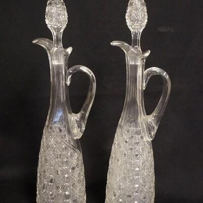 1080	PAIR OF AMERICAN BRILLIANT CUT TALL DECANTERS, HOLLOW BLOWN & CUT STOPPERS, 17 1/2 IN HIGH
