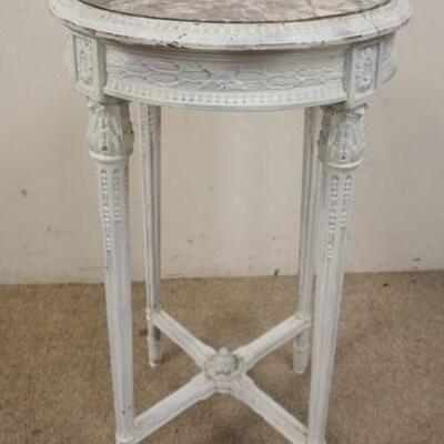 1220	CARVED TABLE W/PURPLE MARBLE TOP, PAINTED WHITE, 18 IN DIAMETER X 30 3/4 IN HIGH
