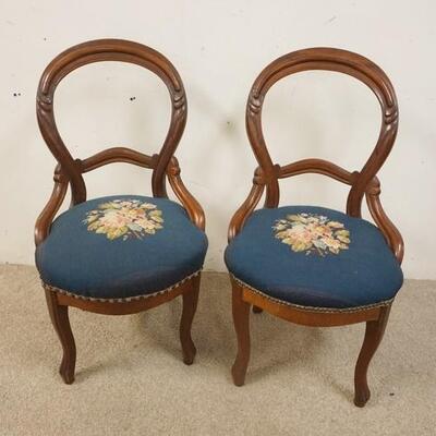 1156	PAIR OF FINGER CARVED VICTORIAN CHAIRS, NEEDLEPOINT SEATS

