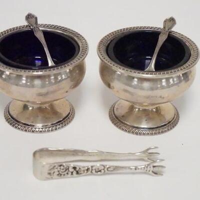 1024	STERLING SILVER LOT, 2 SALT DIPS W/BLUE GLASS LINERS, 2 SPOONS, & A SMALL PAIR OF TONGS, SILVER ONLY 4.835 TOZ
