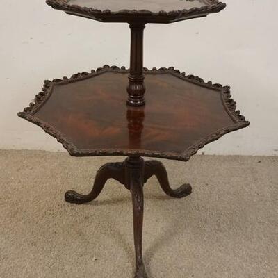 1221	CARVED MAHOGANY 2 TIER STAND, HEXAGONAL, 29 IN HIGH
