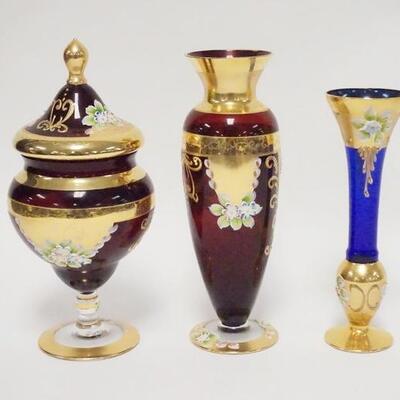 1037	3 PIECE ITALIAN BLOWN GLASS, 2 VASES & A COVERED CANDY JAR, 2 RUBY, ONE COBALT BLUE, TALLEST 9 1/2 IN
