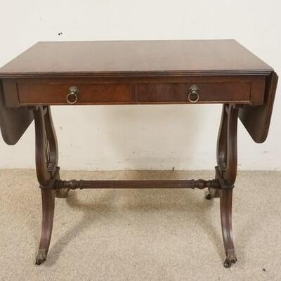 1125	DROP LEAF LYRE SIDE TABLE, ONE DRAWER, BRASS CLAW FEET, 31 1/2 IN WIDE X 18 IN DEEP X 28 IN HIGH, DROPS ARE 9 IN
