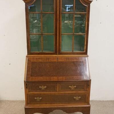 1119	SCANDIA INLAID SLANT FRONT SECRETARY, BOOKCASE TOP, PAD FEET & SHELL CARVED KNEES, 2 PIECE, SOME MOLDING LOSS AT THE TOP, 74 IN HIGH...