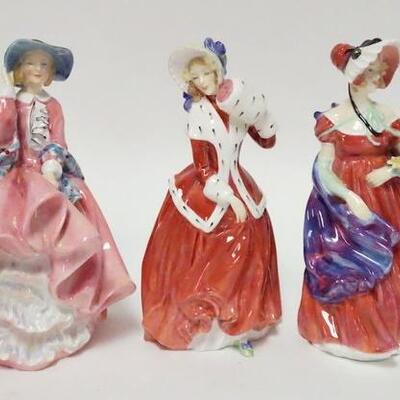 1061	3 ROYAL DOULTON LADIES, TOP OF THE HILL-BADLY DAMAGED & REPAIRED, LADY APRIL & CHRISTMAS MORN., TALLEST IS 7 1/4 IN
