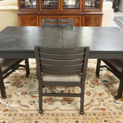 1093	ETHAN ALLEN 5 PIECE DINETTE SET *MIDTOWN*, EBONIZED OAK, HAS 2-20 IN LEAVES, 4 ARM CHAIRS, TABLE IS 70 IN X 38 IN CLOSED
