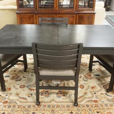 1093	ETHAN ALLEN 5 PIECE DINETTE SET *MIDTOWN*, EBONIZED OAK, HAS 2-20 IN LEAVES, 4 ARM CHAIRS, TABLE IS 70 IN X 38 IN CLOSED
