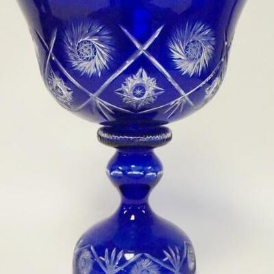 1017	COLBALT BLUE CUT TO CLEAR CRYSTAL COMPOTE, 13 1/4 IN HIGH X 10 1/4 IN TOP DIAMETER
