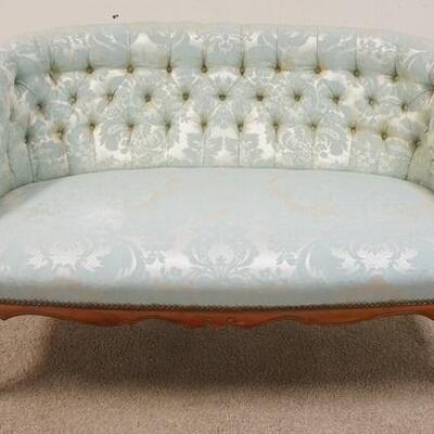 1365	SCROLL FOOT UPHOLSTERED LOVE SEAT AQUA BROCADE W/ TUFTED BACK 50 IN W
