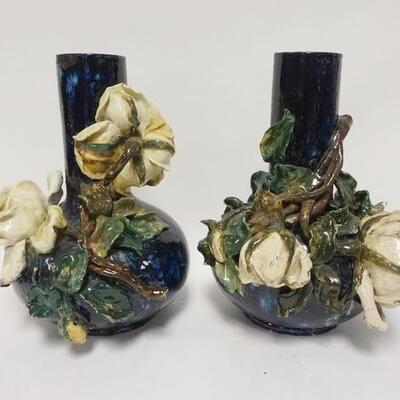 1154	PAIR OF POTTERY VASES W/APPLIED ROSES, CHIPPED LEAVES ON ONE, OTHER HAS MINOR NICKS, 11 1/2 IN HIGH
