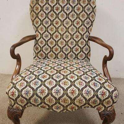1226	UPHOLSTERED ARM CHAIR, HAS BENTWOOD ARMS, BALL & CLAW FEET, SLIGHT STAIN ON SEAT, 27 IN WIDE X 41 1/4 IN HIGH
