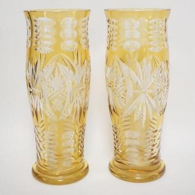 1081	PAIR OF AMBER CUT TO CLEAR TALL VASES, 13 1/4 IN HIGH
