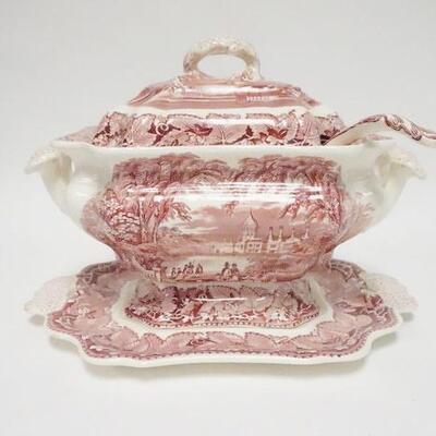 1046	MASON'S VISTA RED TRANSFER TUREEN, HAS LADLE & UNDERPLATE, UNDERPLATE IS 15 IN ACROSS THE HANDLES, 10 1/2 IN HIGH
