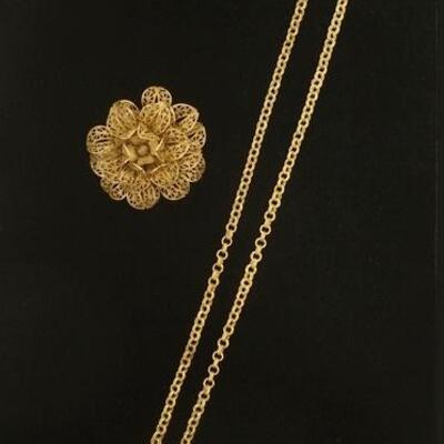 1173	MIRIAM HASKET FILLIAGRE PIN AND MEDALLION NECKLACE, NECKLACE IS 23 IN LONG AND MEDALLION IS 2 IN WITH PAINTED FLORAL MOTIF. CLASP ON...
