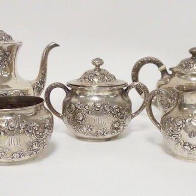 1048	GORHAM STERLING SILVER 5 PIECE TEA & COFFEE SET #A3550, MONOGRAMMED, CREAMER HAS A DENT ON THE MONOGRAM, TALLEST POT IS 7 1/4 IN,...