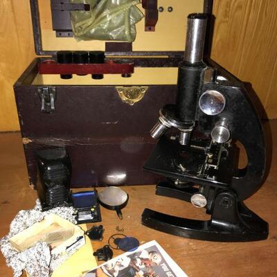  Antique Cast Iron Microscope and accessories

