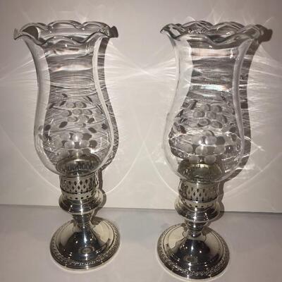 Sterling candle holders and  inserts glass with etched glass hurricanes