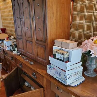 #1046 â€¢ China, Glassware, Cookware, Silverplate Items, and More cabinet not included.
