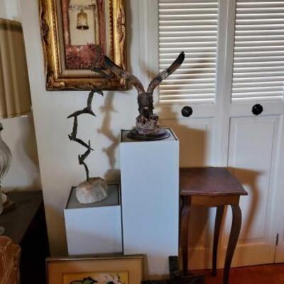 #1042 â€¢ 2 Statues, 2 Framed Pieces of Art, and 3 Pedestals