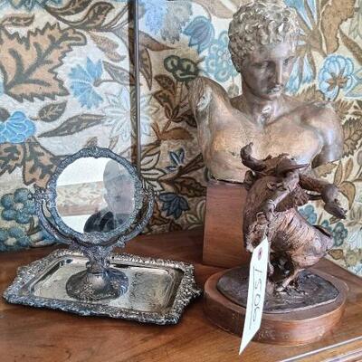 #1506 â€¢ 2 Statues and Silver with Silver Plated Mirror and Plate