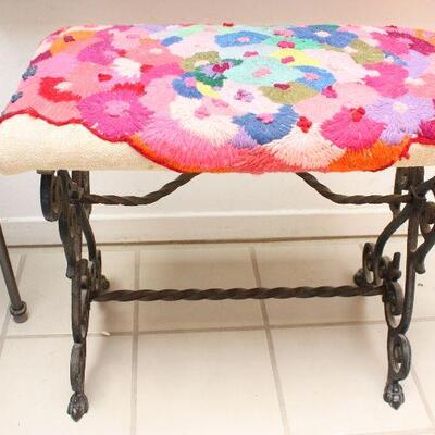 Wrought iron stool with hand embroidered cushion
