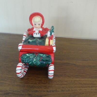 Vintage (c. 1957) Lefton Girl in Candy Cane Sleigh Trinket Box/Candy Dish