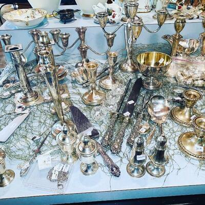 STERLING SILVER ITEMS, CANDLE STICKS, SALT, PEPPER, KNIVES, SPOONS, CUPS, ETC.  .925 STERLING SILVER