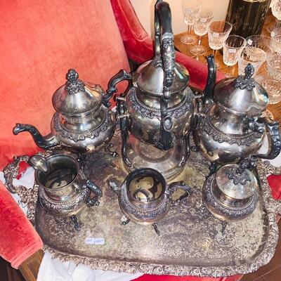 SILVER PLATED TEA SET WITH LARGE TRAY