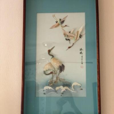 Framed carved mother of pearl shell art “Cranes”
$24