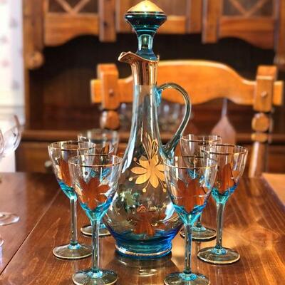 MidCentury Romanian Turquoise with gold accents decanter, 6 stemware
$48