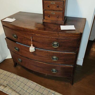 EARLY 19TH CENTURY BOW FRONT ENGLISH CHEST, ORIGINAL BRASSES