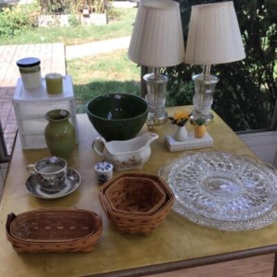 Brown transferware, Longenberger baskets. 