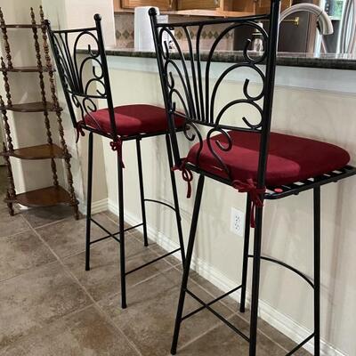 Pair of Black Metal Bar Stools with Red Cushions
