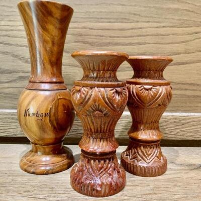 2 Wooden Candlesticks & a Vase