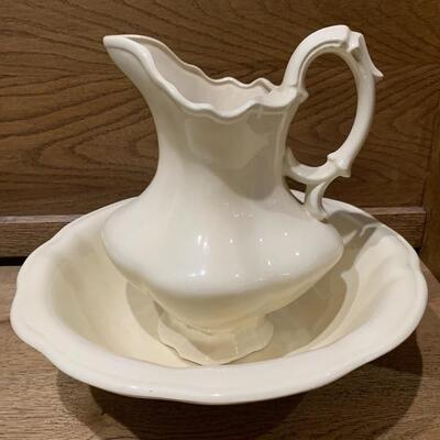 Large White Porcelain Pitcher & Wash Basin