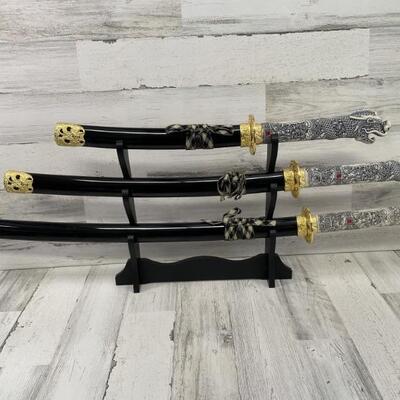 (3) Katana Samurai Sword Replicas with Dragon Hilts with black & gold scabbards