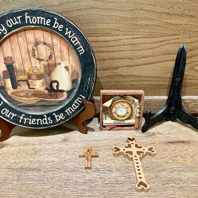 Home Decor Lot: 2 Crosses, Plate, 2 Plate Holders, and a Pocket Watch in a Shadow Box (5in square)
