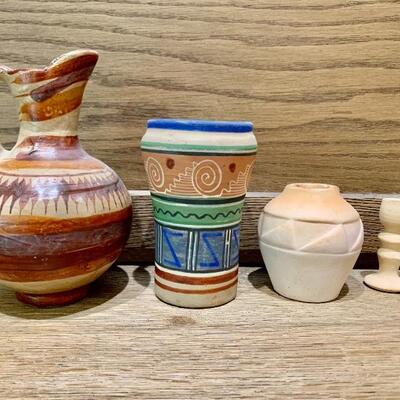 Southwest Pottery Pitcher, 2 Vases, & Candlestick
