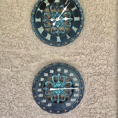 Pair Decorative Thermometer & Clock Outdoor Wall Decor