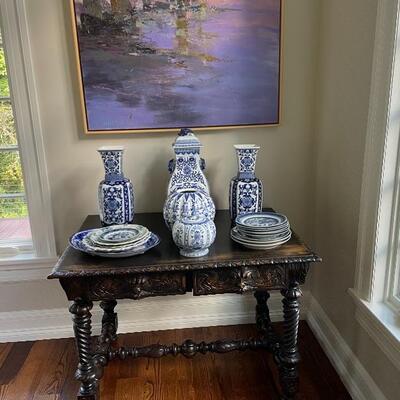 Flow blue collection on carved antique table