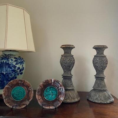French Rubelles Majolica Ceramic Plates, Antique Flow Blue Lamp (Pair)