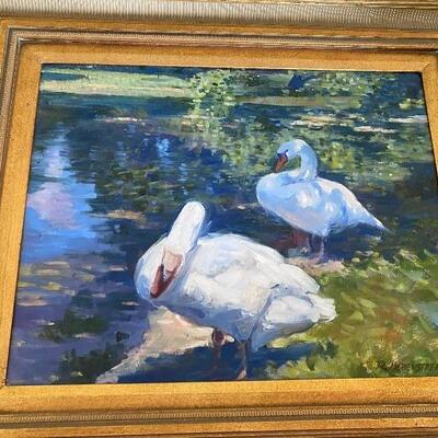 Original Oil Painting of swans by Cincinnati Painter Robert Hebenstreit