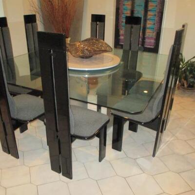 Stunning Pedestal Mirrored Glass Top 1990's Dining Table With 8 Chairs 