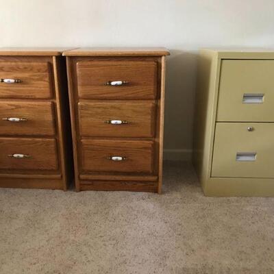 Vintage nightstands and (1) filing cabinet. Wood filing cabinets in garage with key